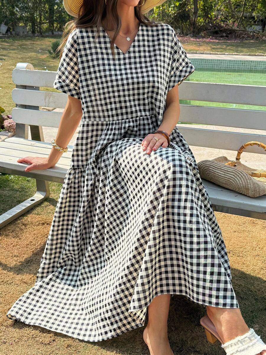 Livesso Vestido midi de línea A con cintura ceñida y cuello en V a cuadros para mujer, vestido de verano holgado - Blanco y Negro - Ver 1