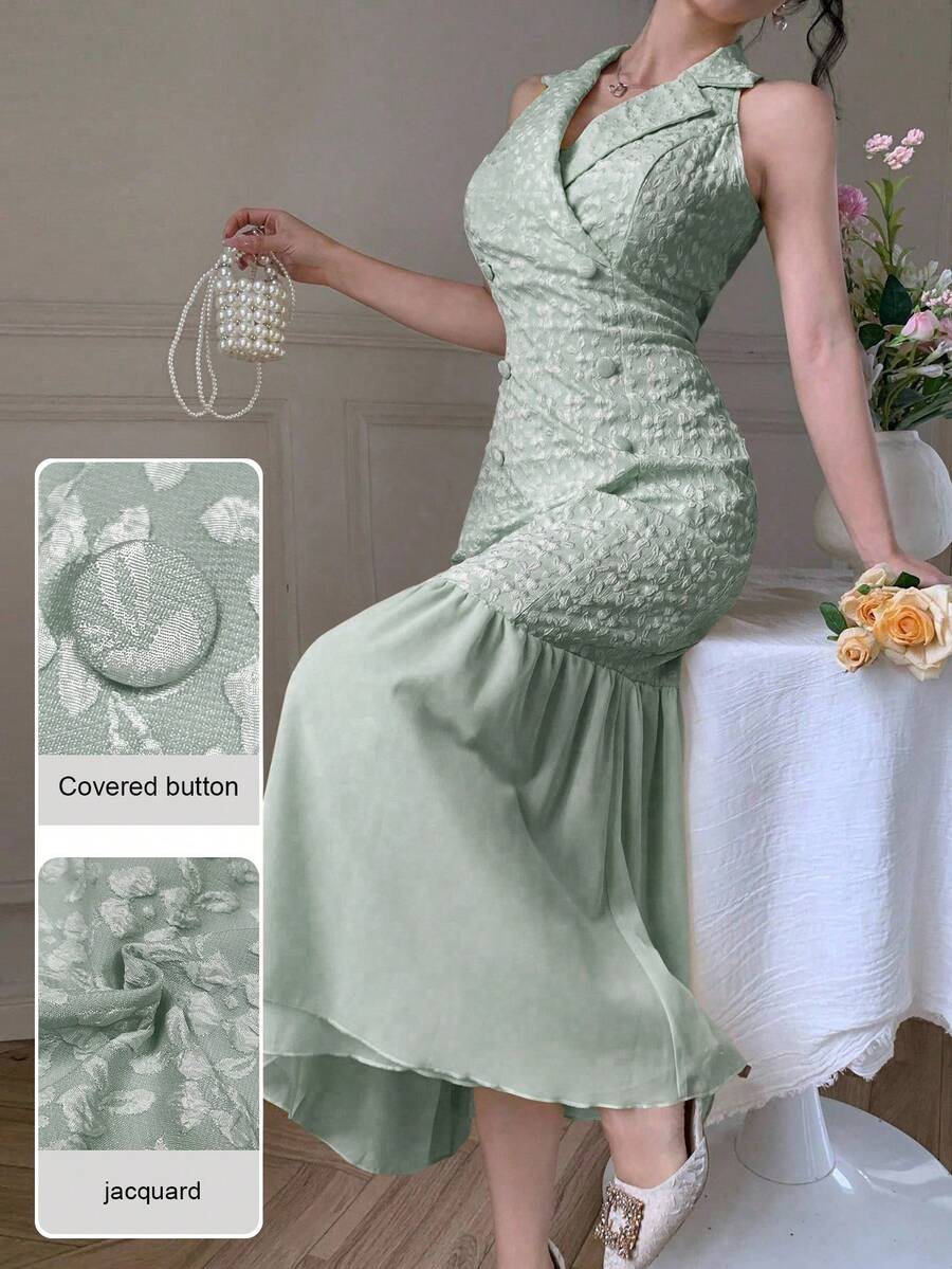 Modelyn Vestido Elegante com Gola de Lapela, Dupla Fileira de Botões, Chiffon, Patchwork Jacquard Amarelo - Verde - Visão 1