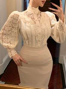 DAZY Women's Lace Patchwork Petal Sleeve Loose Blouse - Beige - View 9