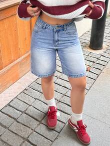 Rivivi 女士休闲百搭百慕大牛仔短裤，带口袋 - 淺色水洗藍 - 查看 1