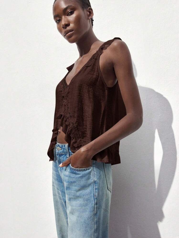 SHEIN Maija Women's Solid Color Lace Ruffle Hem Fashionable Camisole Summer Tops To Wear With Jeans Women's Summer Outfits Women's Tops For Summer Women's Tops