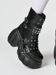 ROMWE Grunge Punk Women Heeled Sandals~ 2026 New Fashion Autumn And Winter Punk Style Black PU Round Head Wedge Heel Thick Bottom Rivet Metal Buckle Front Zipper Buckle Small High Heel Riding Boots Spice Girls Short Boots - Black - View 3