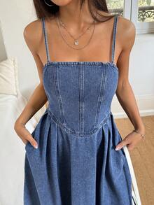 Rivivi 夏季女士休闲收腰牛仔吊带连衣裙 - 藍色 - 查看 7