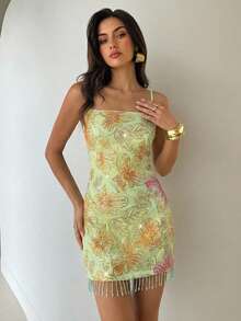 Aloruh Đầm hai dây ngắn nữ mùa xuân/hè mới, in hoa, đính cườm, thêu tua rua. - Nhiều màu - Xem 4