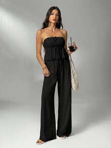 SHEIN Tall 女款時尚純色百褶抹胸上衣與長褲兩件套，適合高個女性 - 黑色 - 查看 6