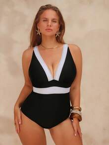 Swim Chiccia Serie básica de traje de baño de una pieza para mujer de talla grande con cuello en V y contraste de color, traje de baño sexy y cómodo para vacaciones de verano y natación - Blanco y Negro - Ver 5