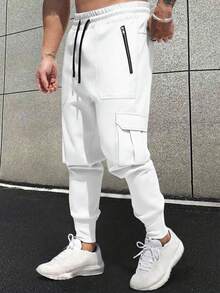 Manfinity Homme 男士宽松翻盖口袋侧抽绳腰运动裤 - 白色 - 查看 3