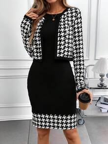 Editum Conjunto de 2 piezas de chaqueta y vestido de mujer con estampado de pata de gallo, apropiado para ir al trabajo y salir en invierno, conjunto de 2 piezas para mujeres en otoño - Blanco y Negro - Ver 7