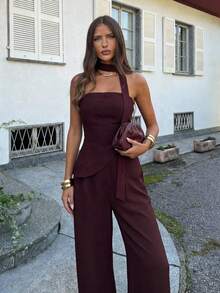 Aloruh 两件套：不对称下摆酒红色吊带背心和长裤，优雅商务通勤装，春夏新品 - 酒紅色 - 查看 1