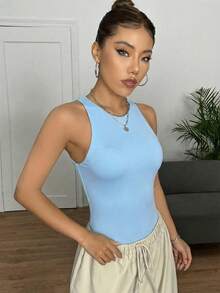 SHEIN EZwear Blue Ribbed Knit Bodysuit, Spring/Summer - Blue - View 4