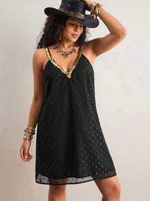 Freevana 大码女式亮片饰边吊带连衣裙 - 黑色 - 查看 4
