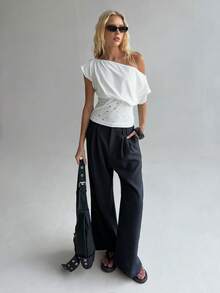TRNVIE Camiseta de mujer con hombro asimétrico, ajustada, con bordado de lentejuelas vintage, para primavera/verano - Blanco - Ver 6