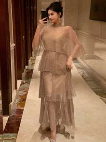 DAZY 女士立领网纱优雅派对中长蛋糕裙 - 香檳色 - 查看 9