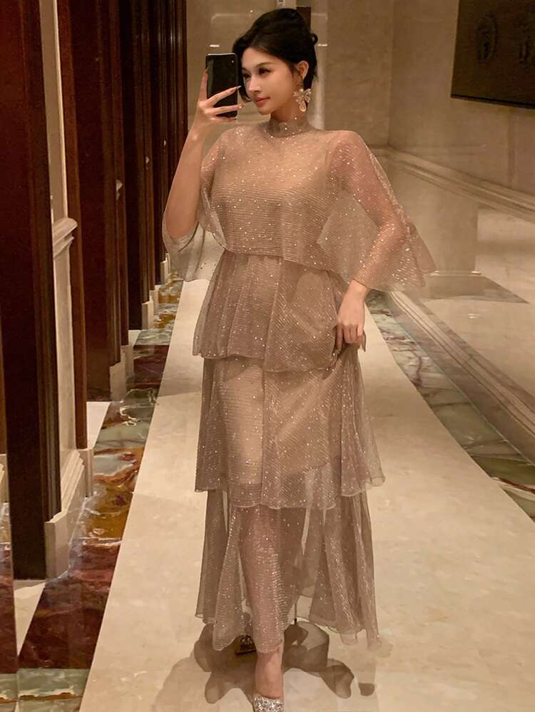 Spring & Summer Shiny Pink Cake Dress Shawl-Style Flare Sleeve Valentine's Day Wedding Party Banquet Formal Dress, Elegant Midi Swing Dress For Women Sundress