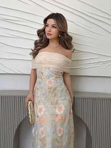 Jemour Women's Mesh Patchwork Polyester Knit Embroidered Off Shoulder Ruffle Minimalist Sexy Summer Dress - Apricot - View 4