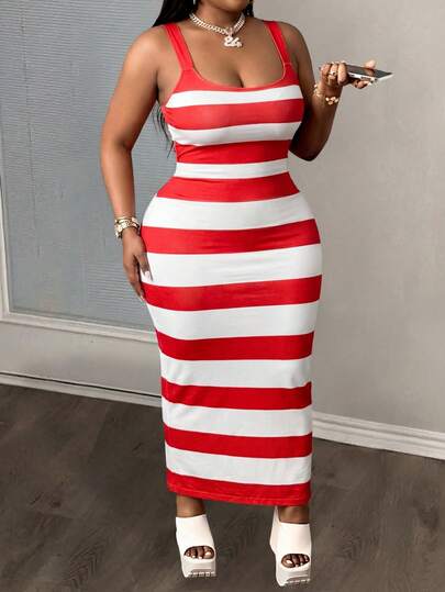 Slaydiva 新款春季、春夏音乐节、情人节、复活节休闲风、简约基础款、Y2K街头甜美风、畅销款、日常约会、辣妹风、性感、运动时尚风、宽肩带、U领、露背、无袖、修身连衣裙、修身款、红白不规则条纹连衣裙、女士长裙 -A