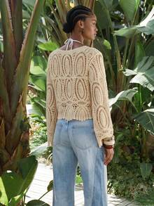 Maija Suéter de mujer con cuello redondo, mangas acampanadas y calado, ideal para vacaciones de verano - Albaricoque - Ver 3