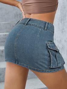 SHEIN ICON Váy denim cạp thấp kiểu cargo, thiết kế tối giản, đa năng và thời trang. - Rửa trung bình - Xem 2