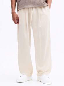 SUMWON Relaxed Wide Leg Linen Pants With Pintuck Detailing Elastic Waist Casual Summer Trousers For Men - Apricot - View 1