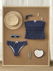 Swim Mod 女士甜美可爱沙滩度假休闲随机波点印花可拆卸肩带吊带比基尼上衣 - 藍色 - 查看 9