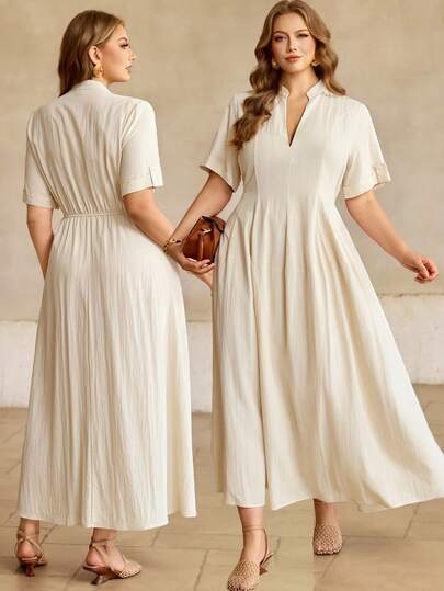 Roveilla Plus Size Women's Spring/Summer French Elegant Luxury Minimalist Casual Bohemian Vacation/Office Commute Vintage Style Comfortable Solid Color Linen Blend V-Neck Elastic Waist Flared Hem Pleated Sleeve Cuff Decor Long Dress