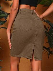 Selenza Chân váy ngắn denim trơn màu dành cho nữ, kiểu dáng thường ngày. - màu nâu - Xem 2
