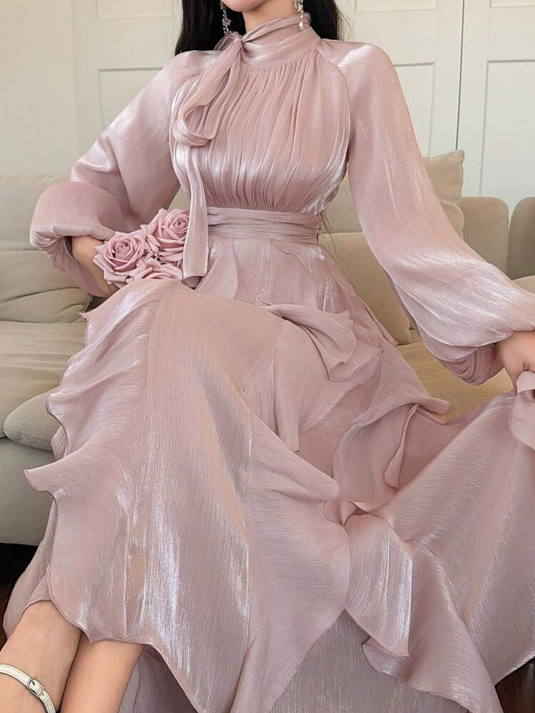 Spring & Summer Pink Elegant Party Tie-Up Ruffle Romantic Waist-Cinched Midi Dress For Women