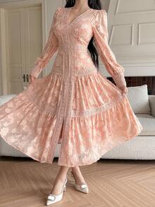 DAZY Women's Elegant Floral Lace Patchwork V-Neck Petal Sleeve Mid-Length Dress, Spring/Summer,Wedding Guest Dress Women Sundress - Pink - View 7