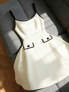 GlowEve Cream And Black Sleeveless Pocket Waist A-Line Mini Dress - Black and White - View 1