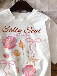 奶油白，Salty Soul 甜美海星贝壳珍珠蝴蝶结图案T恤，少女休闲简约短袖圆领T恤，适合日常穿着、街头风、外出、居家、度假、返校、春夏等场合。 - 彩色 - 查看 6