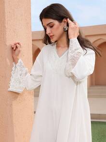 Graceveil Vestido de estilo árabe para mujer con cuello en V, recorte de encaje, parches y mangas largas acampanadas - Albaricoque - Ver 1