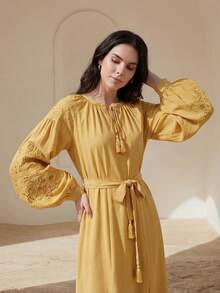 Anewsta Đầm dài tay thanh lịch thắt eo, tua rua, khoét lỗ dành cho nữ, trang phục đi nghỉ mát. - Màu vàng - Xem 4