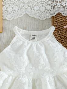 SHEIN Vintaside Kids 女婴碎花图案纹理面料无袖连衣裙，适合居家、户外、度假、派对及其他日常场合。 - 白色 - 查看 4