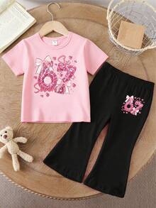 SHEIN 春夏少女休闲时尚创意个性清新可爱简约闪亮数字67蝴蝶结爱心星星字母印花休闲基础款粉色T恤搭配黑色喇叭裤套装，舒适日常穿着，温暖的夏秋风格，适合春季、夏季、秋季穿着。 - 彩色 - 查看 7