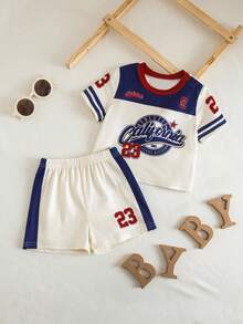 Newborn Baby Boy Clothes Off-White Summer Casual Vacation Sports Letter Print Short Sleeve T-Shirt And Shorts Set,Basketball Football Baseball Outfit - Apricot - View 9