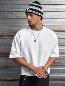 AXEPEAK Men's Solid Color Round Neck Short Sleeve Casual Loose Fit T-Shirt - White - View 5