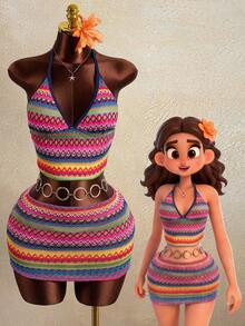 Zestiva Ensemble de 2 pièces femme, débardeur texturé rétro et bretelles. Ensemble élégant de vacances, style plage ensoleillée. Ensemble bikini 2 pièces femme. Ensemble de 3 pièces pour vacances femme, robe, jupe, maillot de bain - Multicolore - Voir 3