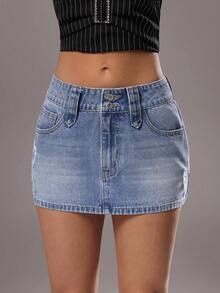 TRNVIE 女士修身休闲做旧牛仔迷你裙，夏季百搭 - 淺色水洗藍 - 查看 5