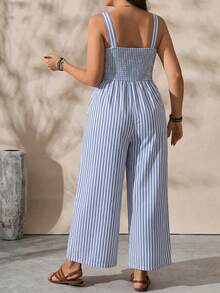 EMERY ROSE Plus Size Women Striped Square Neck Casual Jumpsuit - Blue - View 2