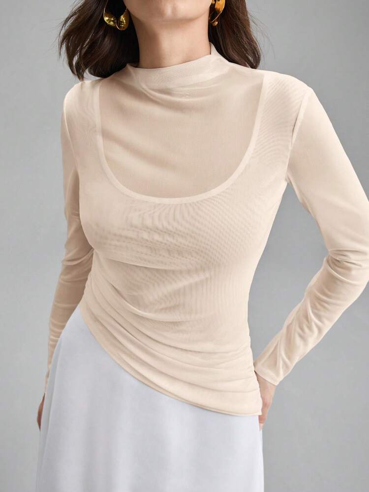 2026 Women's Satin Comfortable Smooth Off-Shoulder Loose Batwing Sleeve Waist Fitted H-Line Skirt Urban Casual Business Office Wear Low-Key Vintage Elegant Vibe Commute High-Quality Airport Fashion High-End Cruise All-Season Essential Versatile Base Layer Long Dress Modern Old Money Style Effortless Temperament Mock Neck Apricot Autumn