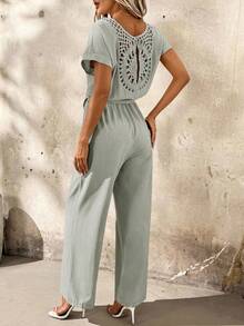 SHEIN Clasi Women's Casual Solid Color Backless Straight Jumpsuit, Summer - Mint Green - View 3