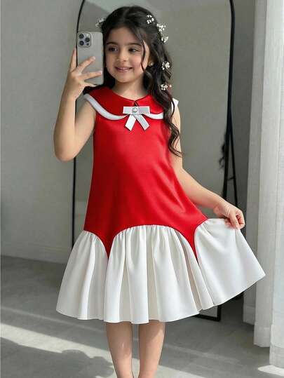 小女孩甜美可爱红白拼接连衣裙，夏季无袖宽松A字拼接连衣裙，适合日常穿着和派对场合