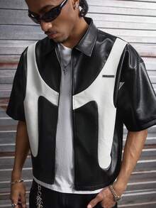 AXEPEAK Áo sơ mi nam da PU phối màu tương phản, khóa kéo phía trước, kiểu dáng thường ngày. - Đen và trắng - Xem 5