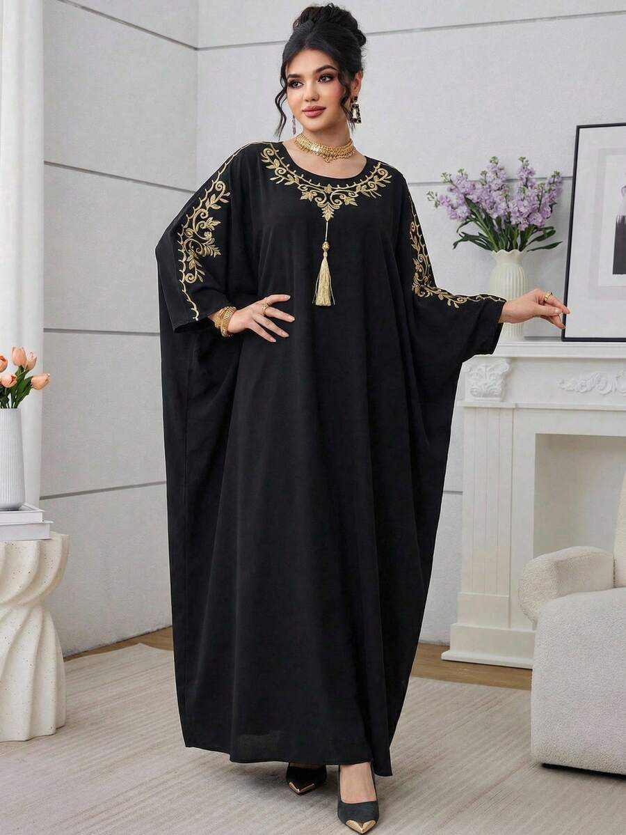 SHEIN Najma 女士刺绣优雅流苏宽松长袍 - 黑色 - 查看 1