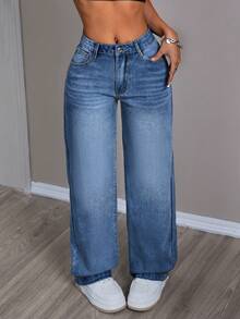 SHEIN PETITE Women's Casual Everyday Washed Slant Pocket Loose Straight Leg Jeans - Medium Wash - View 5
