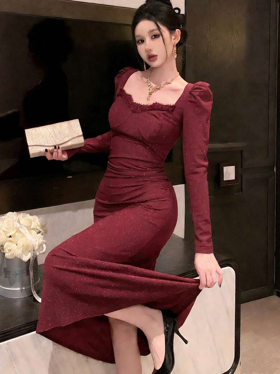 DAZY Women's Solid Color Sweetheart Neck Puff Sleeve Long Sleeve Elegant Dress, Back To School Season Dress - Burgundy - View 1
