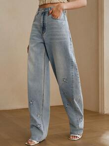 Anewsta Quần jeans ống loe màu xanh dương thời trang nữ, thêu họa tiết rỗng, lãng mạn, thích hợp cho tiệc tùng, du lịch, mùa xuân/hè. - Màu xanh lam - Xem 7