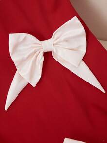 SHEIN Đầm chữ A tay phồng, màu trơn, phối nơ, kiểu dáng thanh lịch, thoải mái cho bé gái tuổi teen, thích hợp mặc hàng ngày, đi học, màu đen, đầm có nơ. - Đỏ và trắng - Xem 5