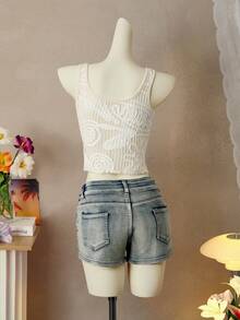 Nevyona Fashionable Sleeveless Square Neck Lace Fabric Top, Spring/Summer - Beige - View 2