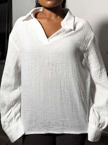 Tyla Gomez 女士休闲翻领半襟长袖衬衫、长袖上衣 - 白色 - 查看 3